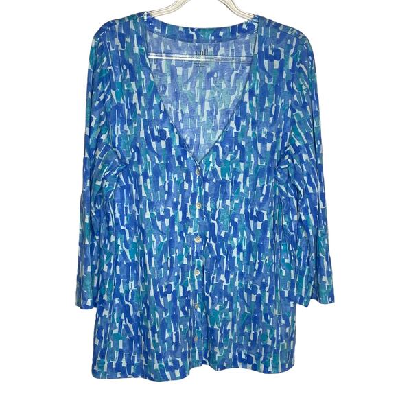 J. Jill Tops - J Jill Womens Size Medium Blue Printed Extra Fine Pima Cotton Cardigan Artsy‎